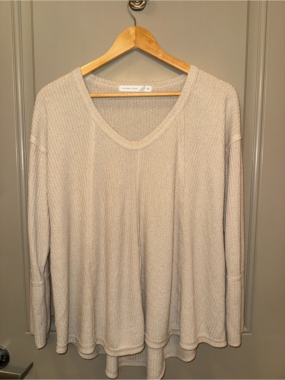 Altar'd State Beige V-Neck Waffle Knit Long Sleeve Top